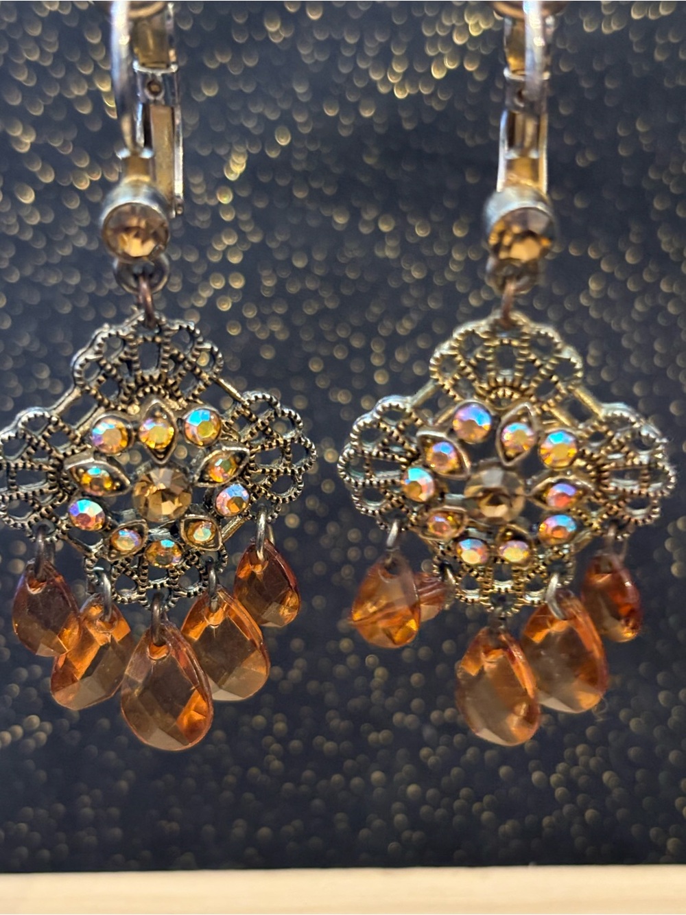 Amber and Iridescent Dangle Earrings